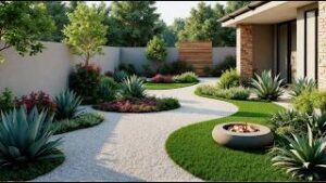 Serene Garden Oasis A Masterpiece of Plants, Paths & Fire Pit Flair
