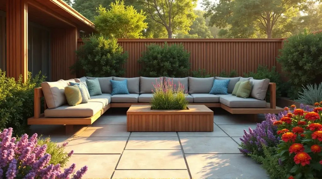 24 Cozy Garden Escapes: Wooden Sectional Sofa & Vibrant Patio Oasis