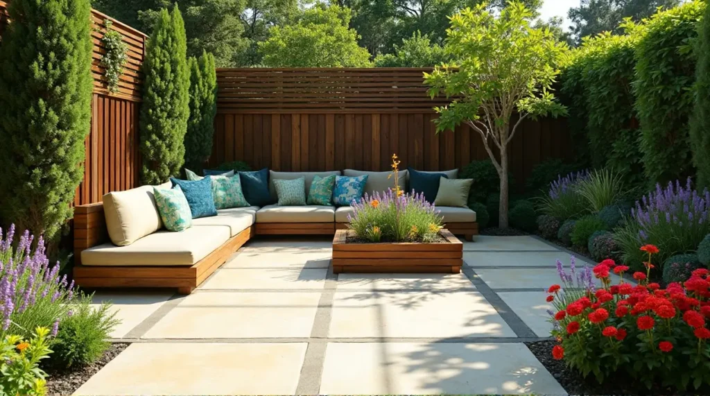 24 Cozy Garden Escapes: Wooden Sectional Sofa & Vibrant Patio Oasis