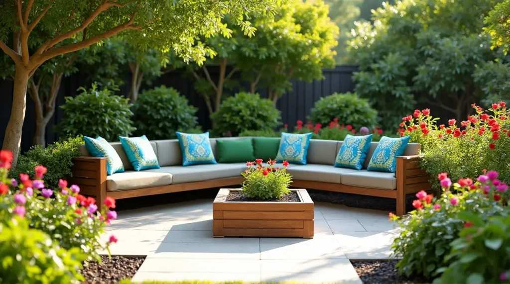 24 Cozy Garden Escapes: Wooden Sectional Sofa & Vibrant Patio Oasis