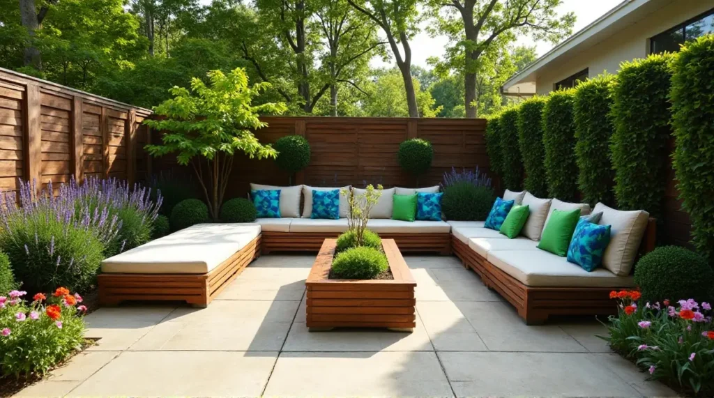 24 Cozy Garden Escapes: Wooden Sectional Sofa & Vibrant Patio Oasis