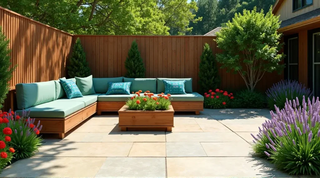 24 Cozy Garden Escapes: Wooden Sectional Sofa & Vibrant Patio Oasis
