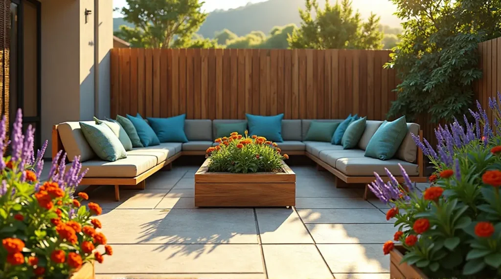 24 Cozy Garden Escapes: Wooden Sectional Sofa & Vibrant Patio Oasis