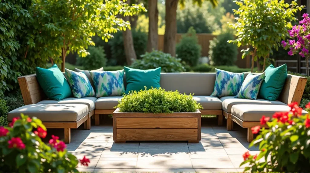 24 Cozy Garden Escapes: Wooden Sectional Sofa & Vibrant Patio Oasis