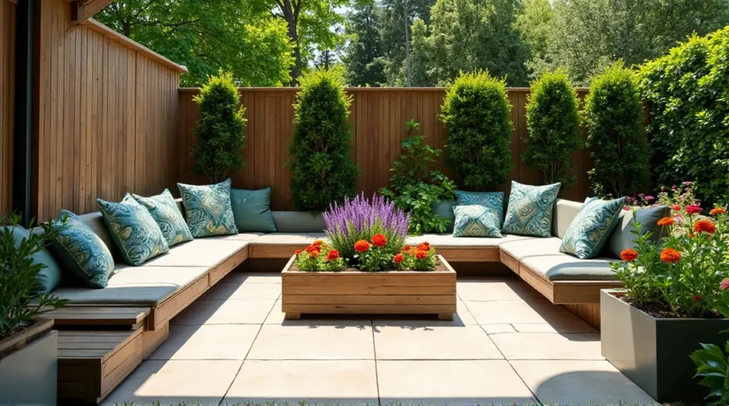 24 Cozy Garden Escapes: Wooden Sectional Sofa & Vibrant Patio Oasis