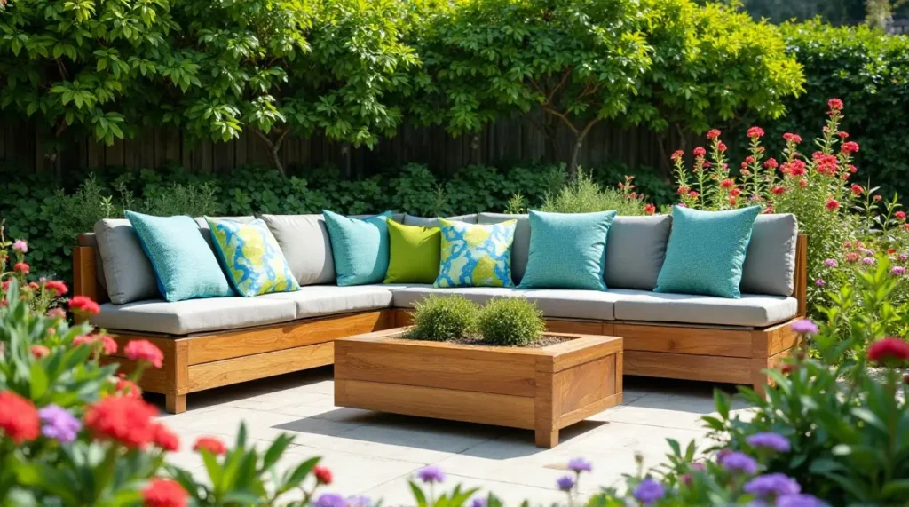 24 Cozy Garden Escapes: Wooden Sectional Sofa & Vibrant Patio Oasis