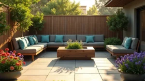 24 Cozy Garden Escapes: Wooden Sectional Sofa & Vibrant Patio Oasis