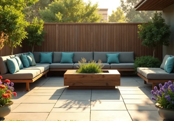 24 Cozy Garden Escapes: Wooden Sectional Sofa & Vibrant Patio Oasis