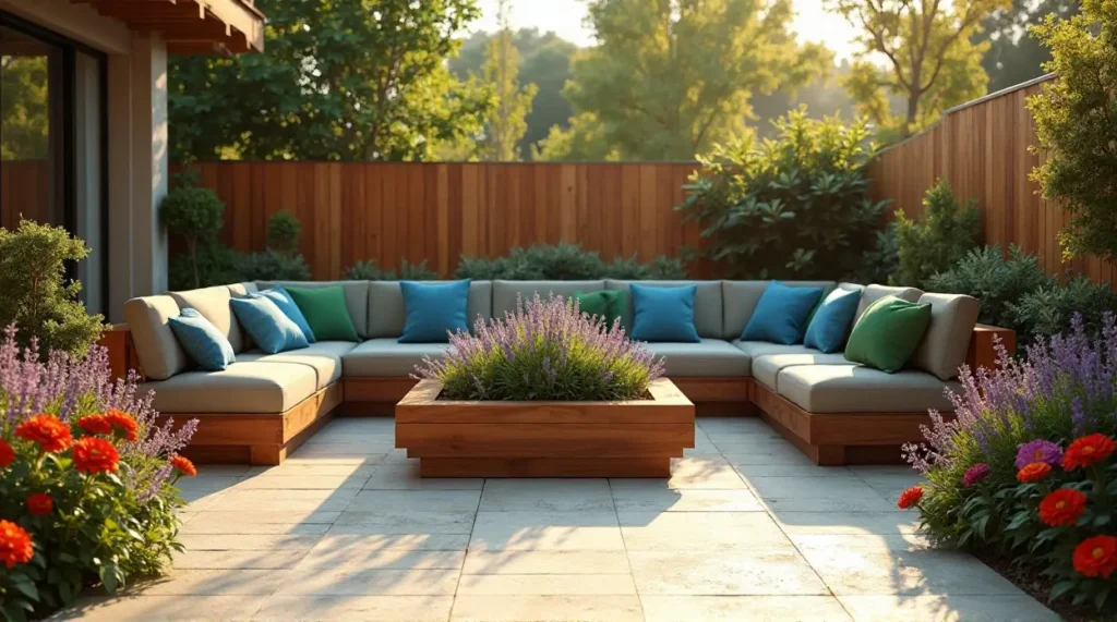 24 Cozy Garden Escapes: Wooden Sectional Sofa & Vibrant Patio Oasis