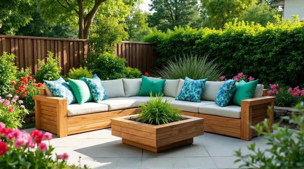 24 Cozy Garden Escapes: Wooden Sectional Sofa & Vibrant Patio Oasis