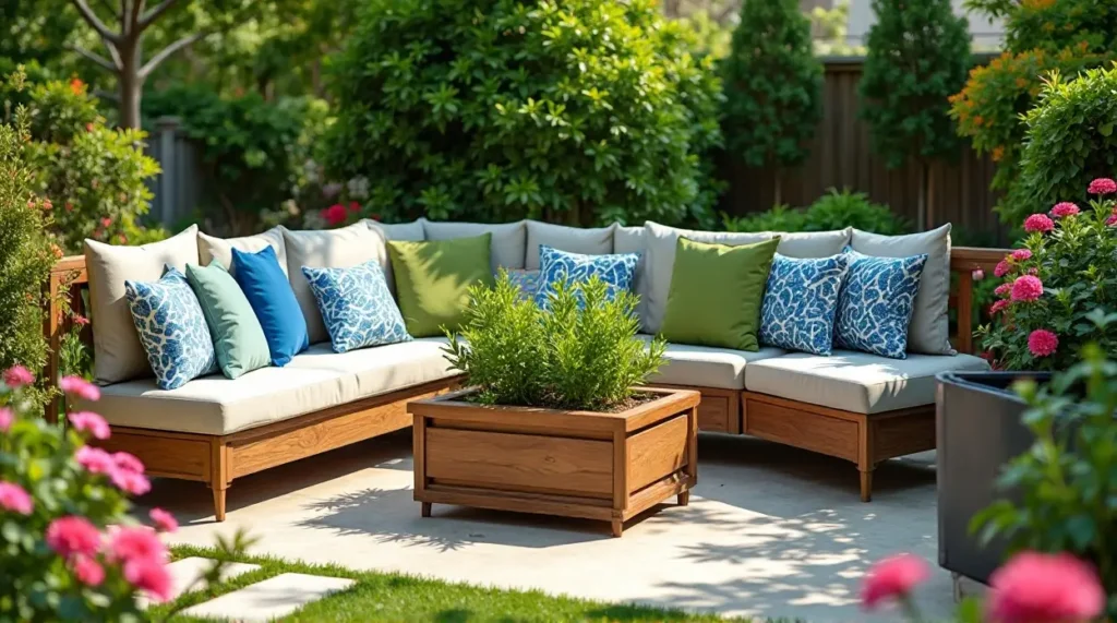 24 Cozy Garden Escapes: Wooden Sectional Sofa & Vibrant Patio Oasis