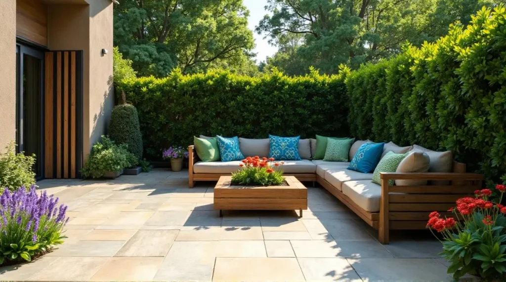 24 Cozy Garden Escapes: Wooden Sectional Sofa & Vibrant Patio Oasis