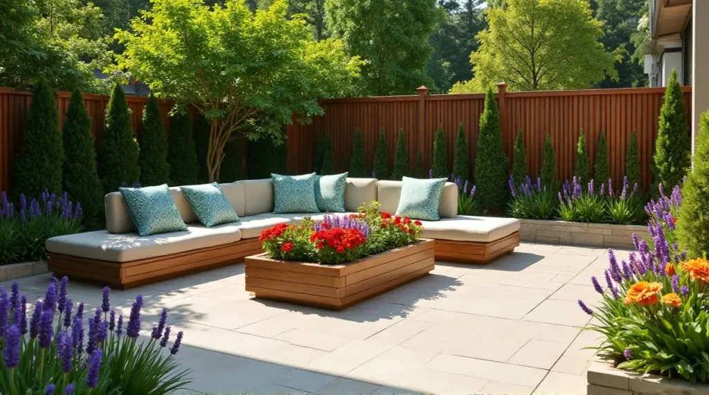 24 Cozy Garden Escapes: Wooden Sectional Sofa & Vibrant Patio Oasis