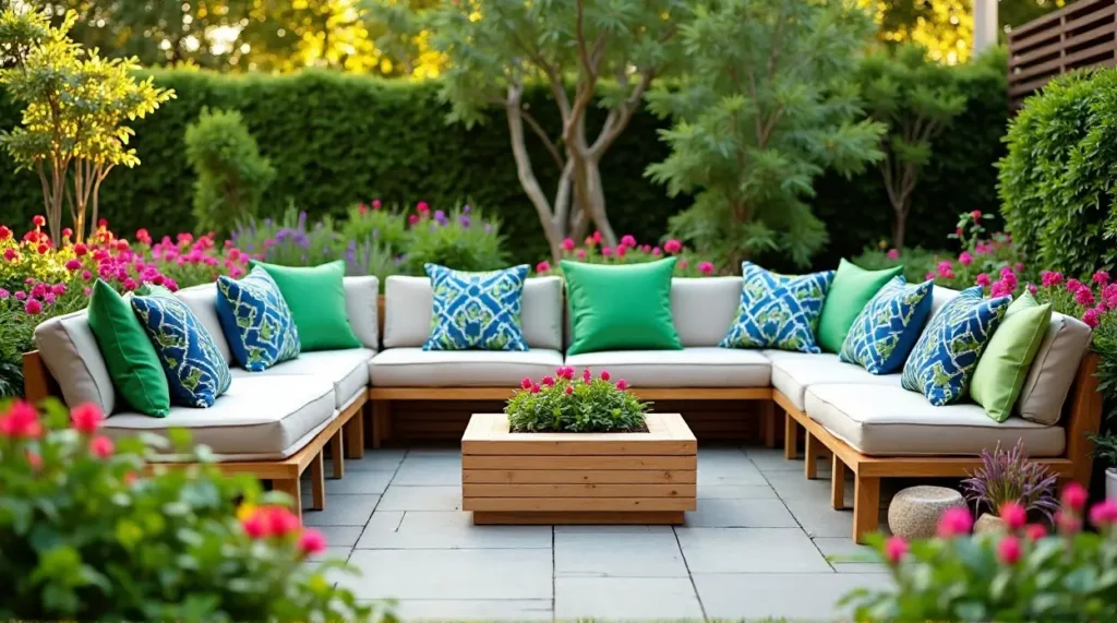 24 Cozy Garden Escapes: Wooden Sectional Sofa & Vibrant Patio Oasis