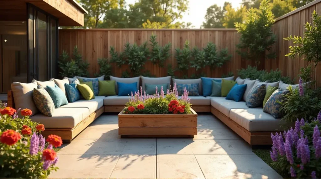 24 Cozy Garden Escapes: Wooden Sectional Sofa & Vibrant Patio Oasis