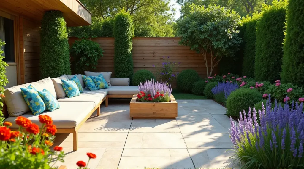 24 Cozy Garden Escapes: Wooden Sectional Sofa & Vibrant Patio Oasis
