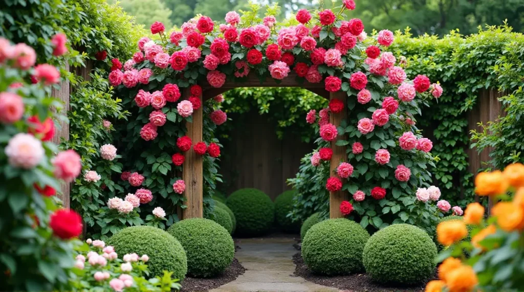 Enchanting Rose-Covered Trellis: A Garden's Colorful Symphony