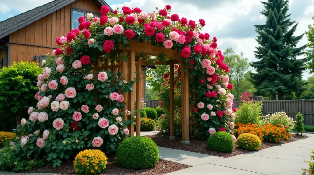 Enchanting Rose-Covered Trellis: A Garden's Colorful Symphony