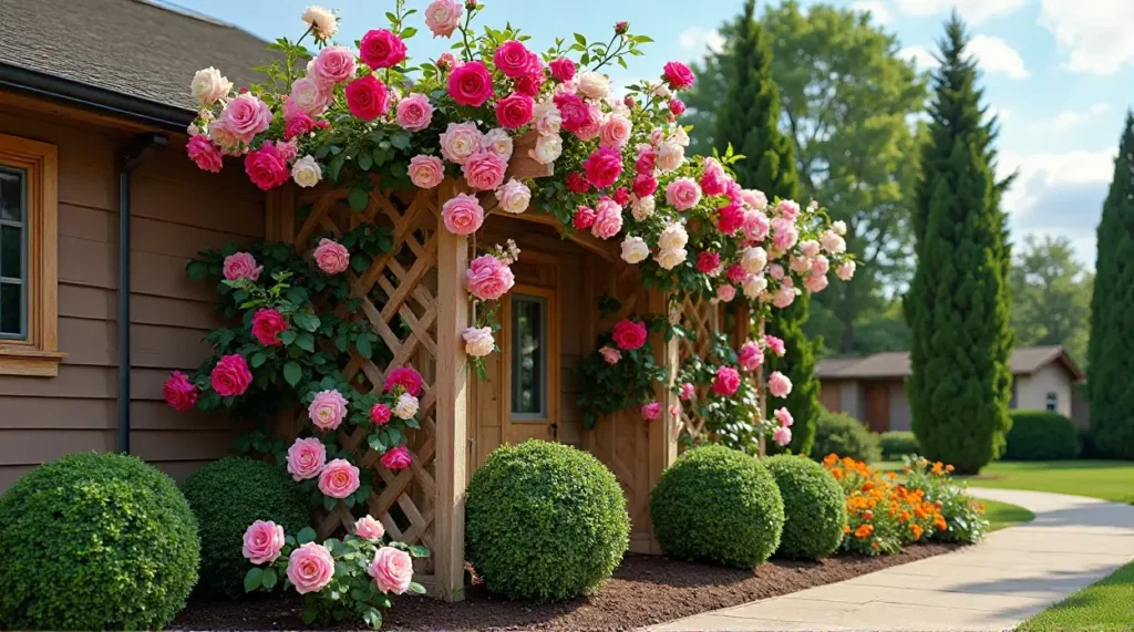 Enchanting Rose-Covered Trellis: A Garden's Colorful Symphony