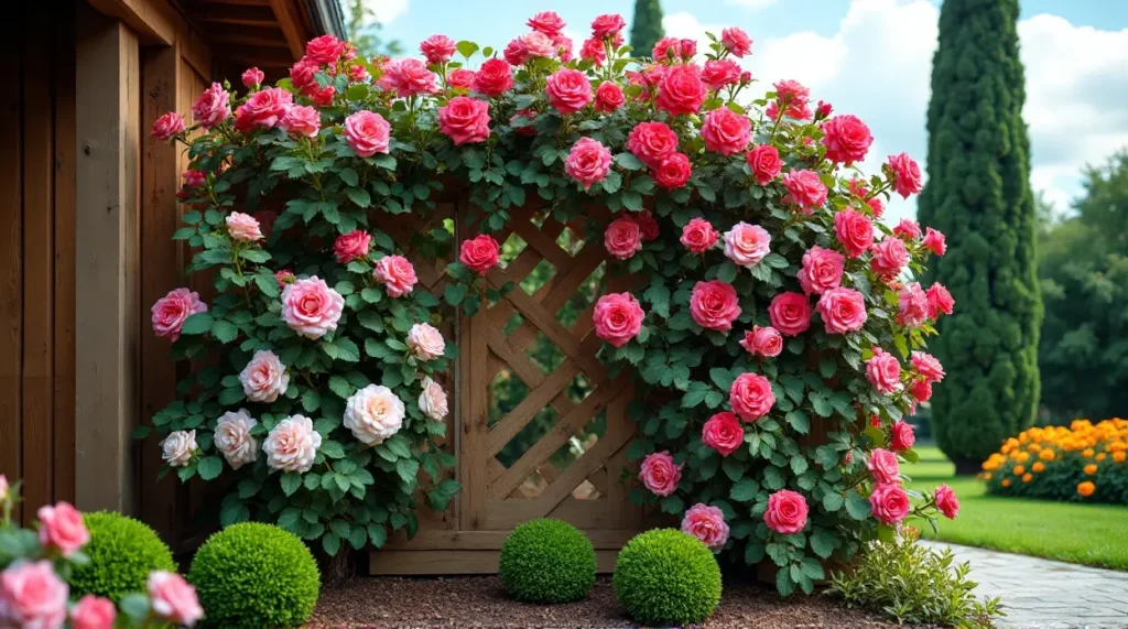 Enchanting Rose-Covered Trellis: A Garden's Colorful Symphony
