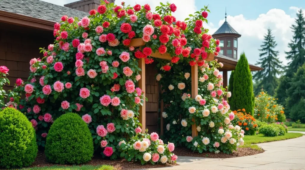 Enchanting Rose-Covered Trellis: A Garden's Colorful Symphony