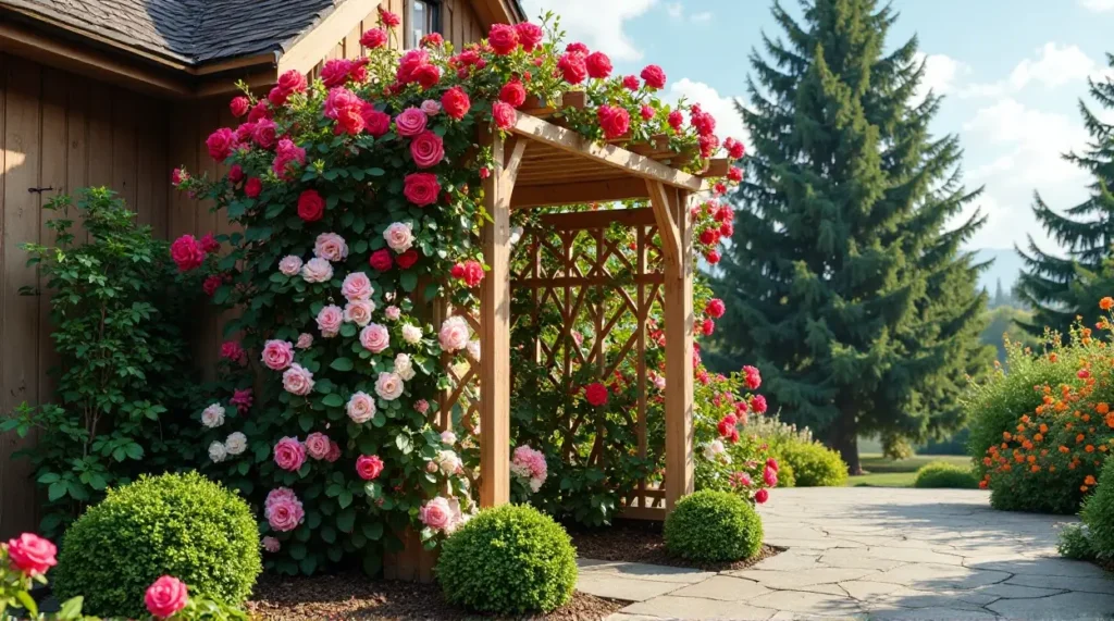 Enchanting Rose-Covered Trellis: A Garden's Colorful Symphony