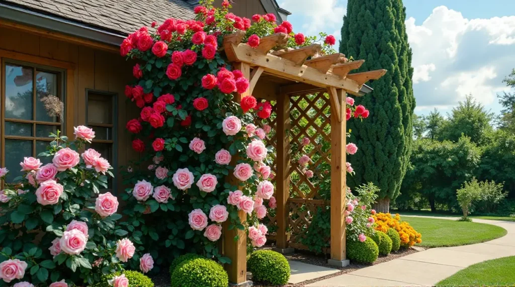 Enchanting Rose-Covered Trellis: A Garden's Colorful Symphony