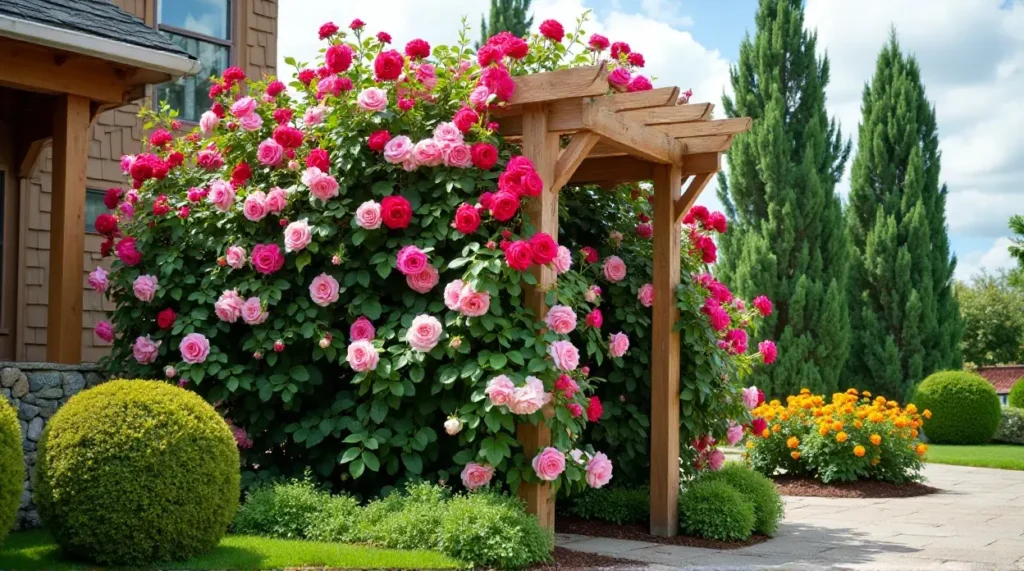 Enchanting Rose-Covered Trellis: A Garden's Colorful Symphony