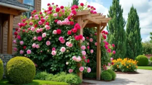 Enchanting Rose-Covered Trellis: A Garden's Colorful Symphony