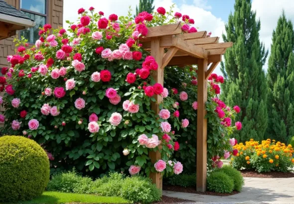 Enchanting Rose-Covered Trellis: A Garden's Colorful Symphony