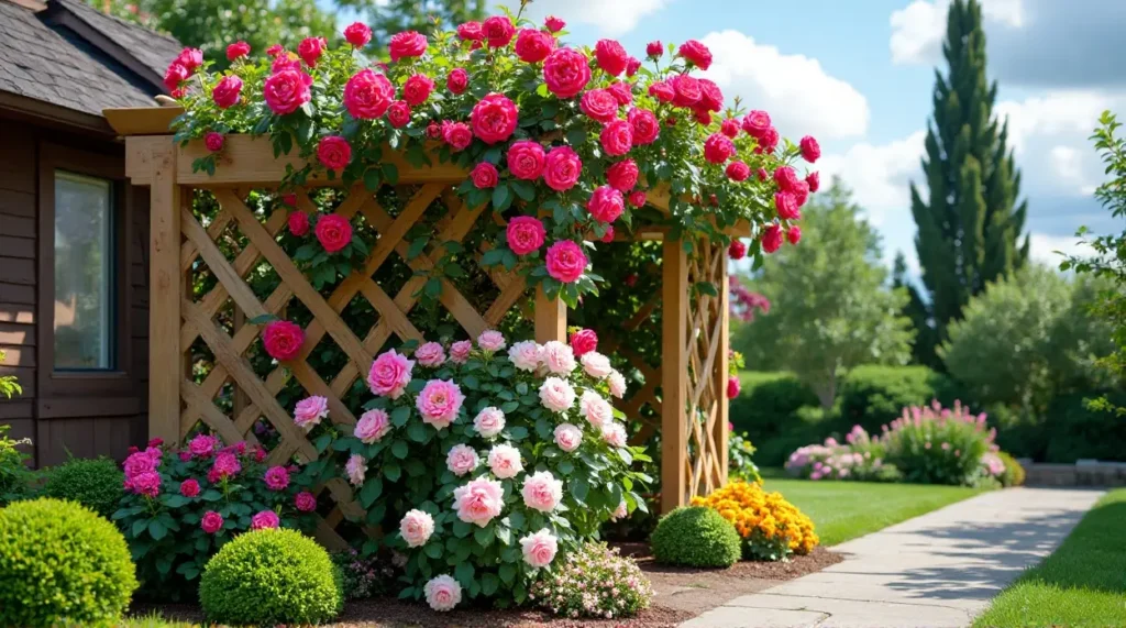 Enchanting Rose-Covered Trellis: A Garden's Colorful Symphony