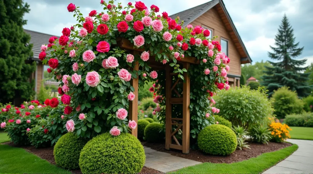 Enchanting Rose-Covered Trellis: A Garden's Colorful Symphony