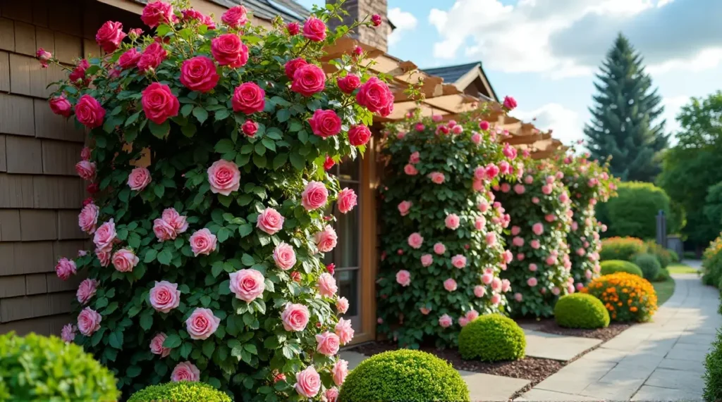 Enchanting Rose-Covered Trellis: A Garden's Colorful Symphony