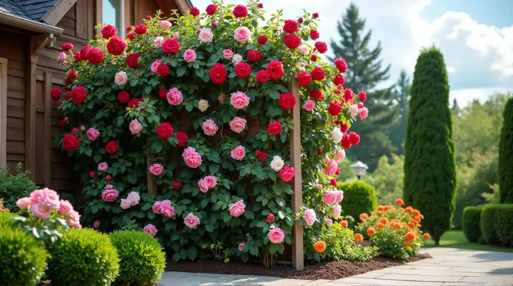 Enchanting Rose-Covered Trellis: A Garden's Colorful Symphony