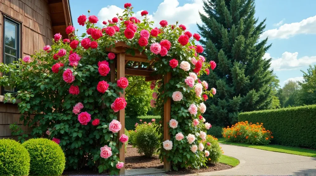 Enchanting Rose-Covered Trellis: A Garden's Colorful Symphony