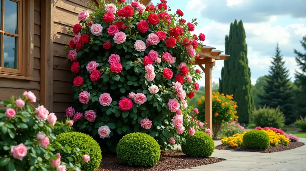 Enchanting Rose-Covered Trellis: A Garden's Colorful Symphony
