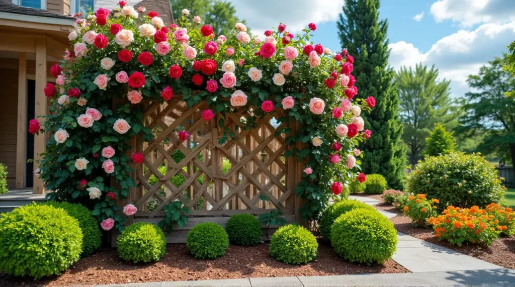 Enchanting Rose-Covered Trellis: A Garden's Colorful Symphony