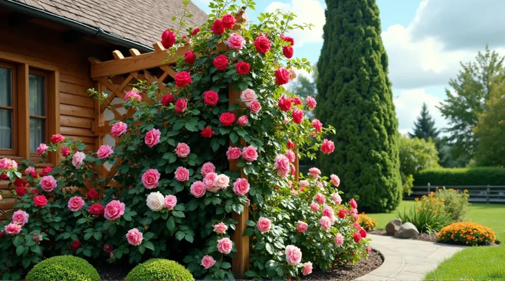 Enchanting Rose-Covered Trellis: A Garden's Colorful Symphony
