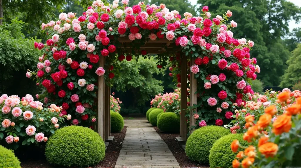 Enchanting Rose-Covered Trellis: A Garden's Colorful Symphony