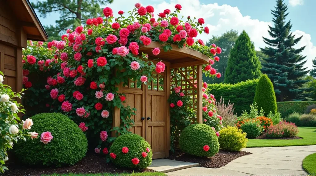 Enchanting Rose-Covered Trellis: A Garden's Colorful Symphony