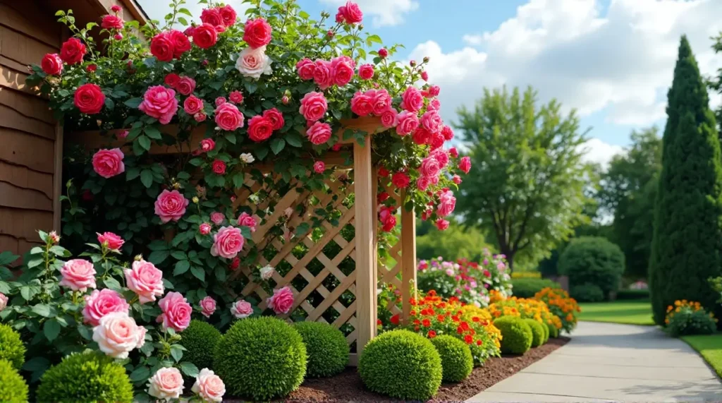 Enchanting Rose-Covered Trellis: A Garden's Colorful Symphony