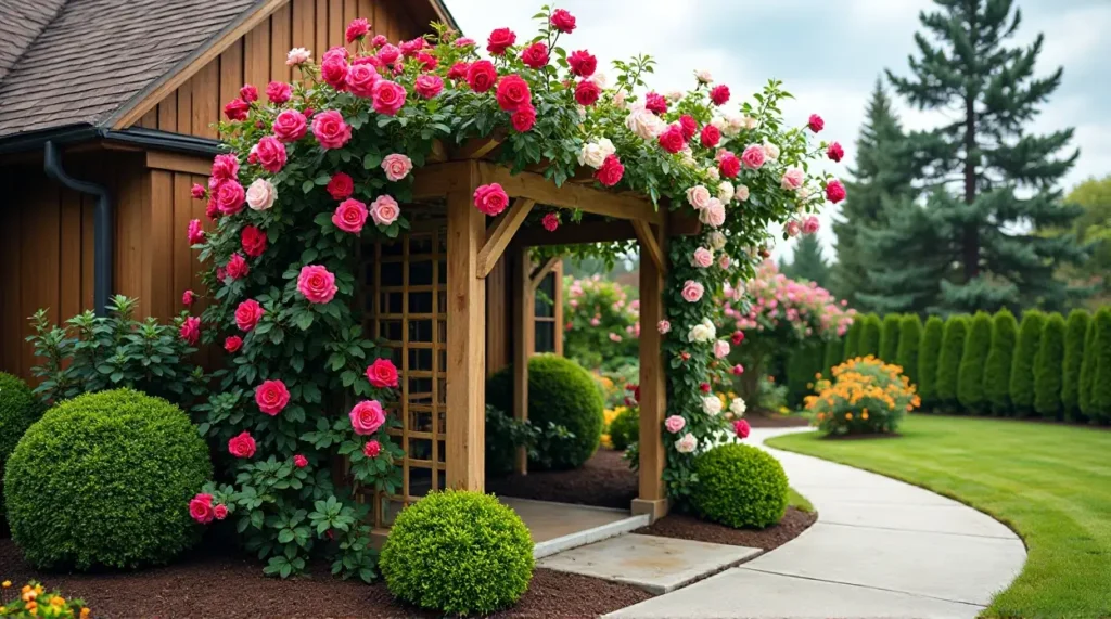 Enchanting Rose-Covered Trellis: A Garden's Colorful Symphony