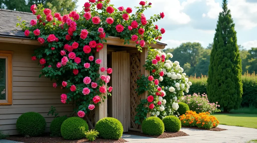 Enchanting Rose-Covered Trellis: A Garden's Colorful Symphony