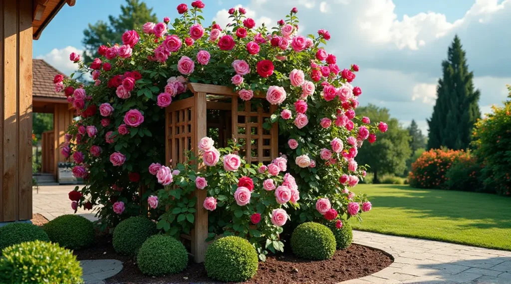 Enchanting Rose-Covered Trellis: A Garden's Colorful Symphony