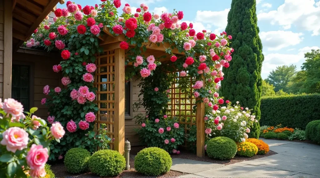 Enchanting Rose-Covered Trellis: A Garden's Colorful Symphony
