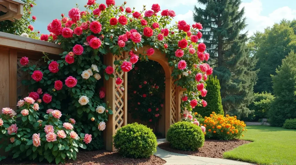 Enchanting Rose-Covered Trellis: A Garden's Colorful Symphony