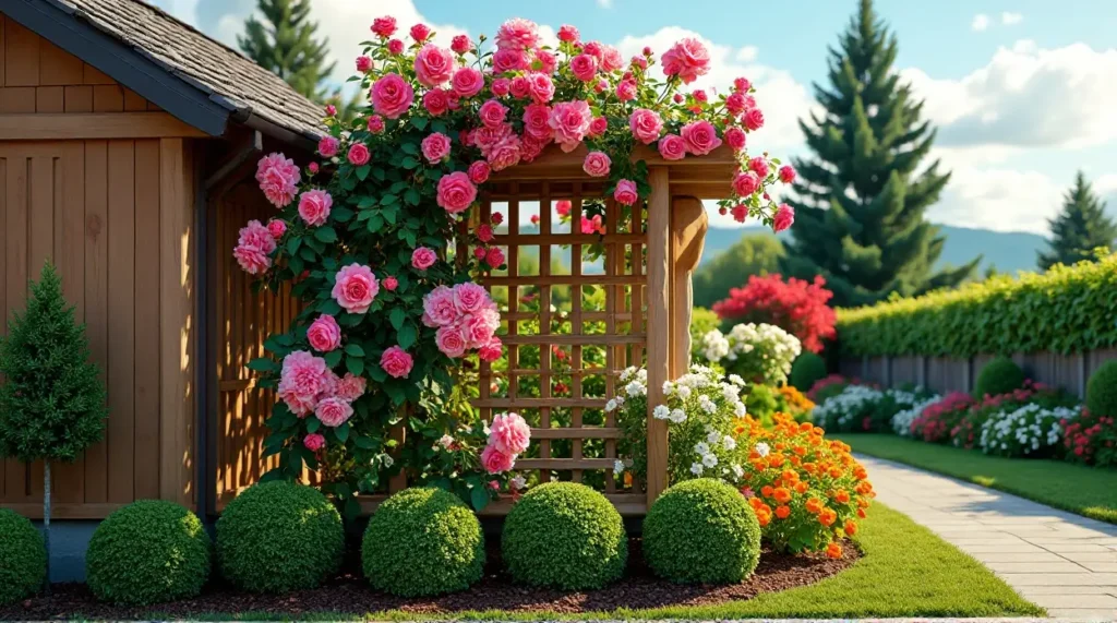 Enchanting Rose-Covered Trellis: A Garden's Colorful Symphony
