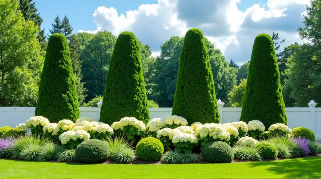 Evergreen Elegance: A Serene Garden Symphony in Bloom