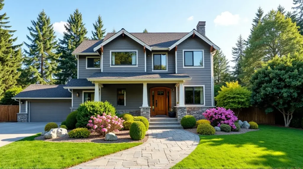 gray siding, garden oasis, home exterior, landscape design, color harmony