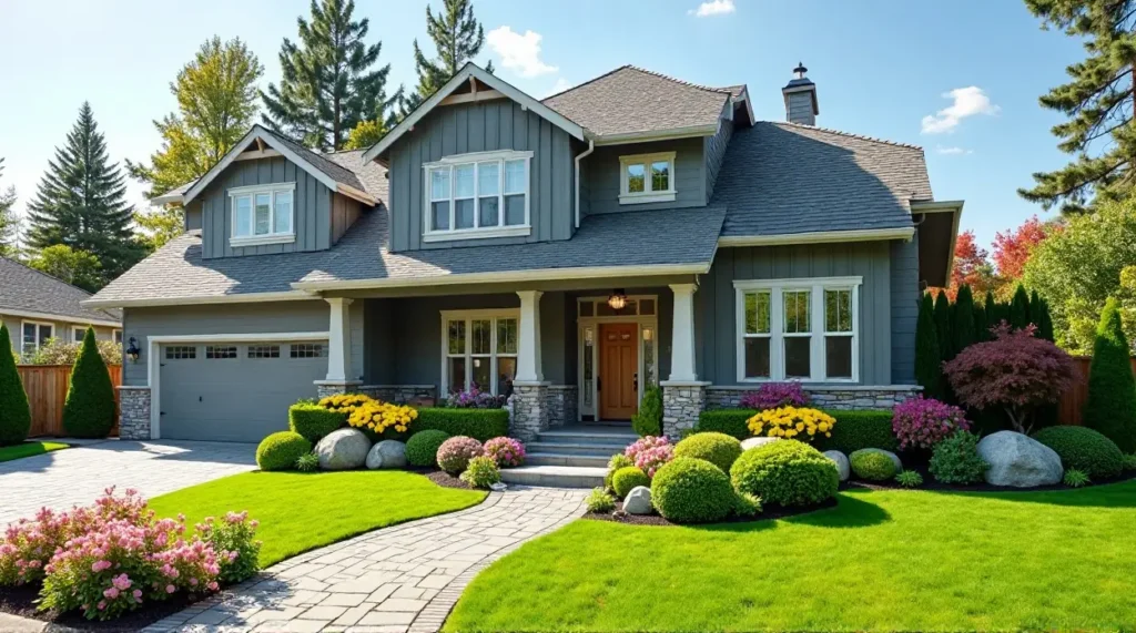 gray siding, garden oasis, home exterior, landscape design, color harmony